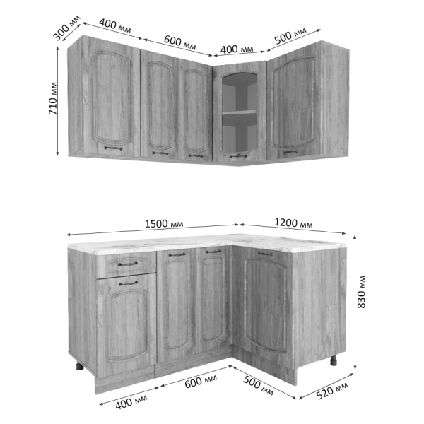 Кухонный гарнитур Равенна Сосна лофт / Дуб светлый (столеш Луанда+сушка+планка) 1,5м