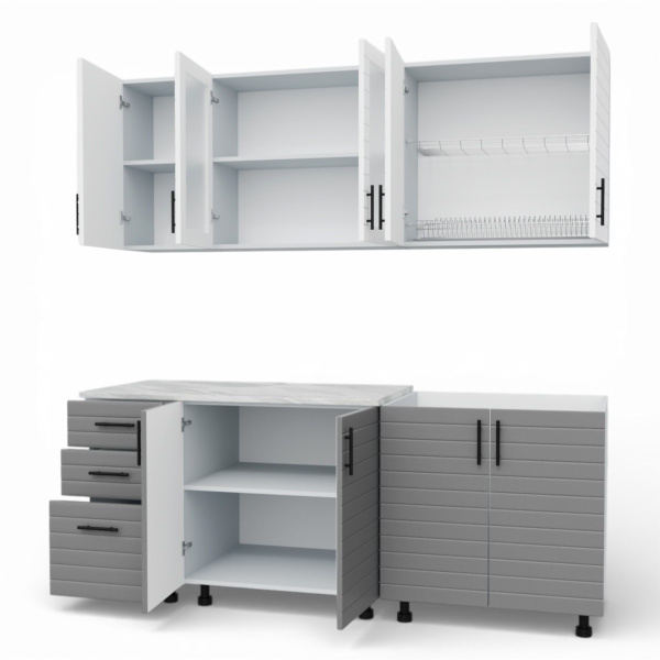 Кухонный гарнитур Комплект №9 Серый камень/Тач белый/Тач графит (столеш Этория+сушка+планка) 2,0м