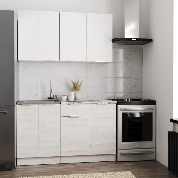 Кухонный гарнитур Регги Белый Жемчуг/Сосна Лофт (столеш.Альберика+сушка+планка) 1.4м 